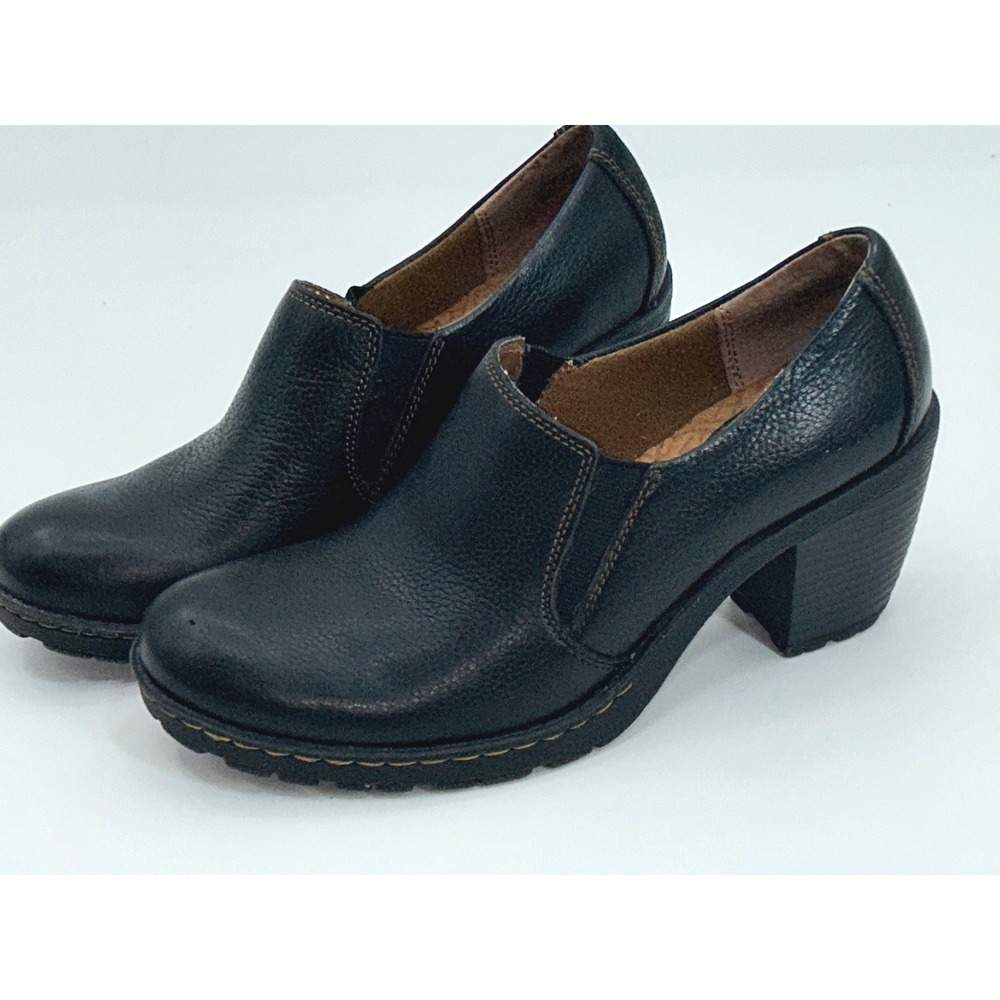 b.o.c. Born Concept Womens Black Leather Chunky Heel Loafers Clogs Size 8 39
